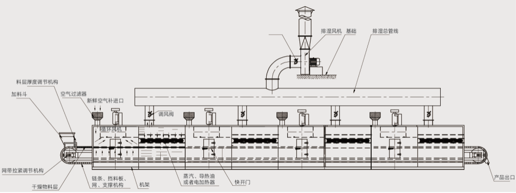 Three series-connected vegetable dehydration and drying production lines showing the belt dryer structure