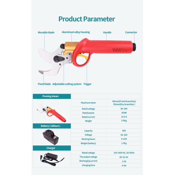40mm Cordless Electric Pruner, Battery Pruning Shears, Portable Wireless Secateurs