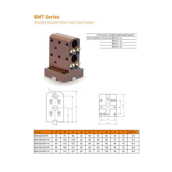 BMT Live Tooling Straight Double Hole Fixed Tool Holder For CNC Lathe