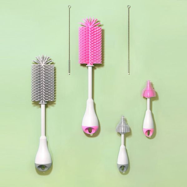 3 In 1 Straight Hilt Rotary Silicone Cleaning Brush Set For Baby Milk Feeding Bottle Nipple Straw