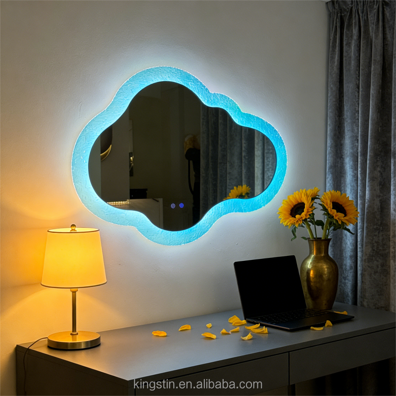 Textured Border Cloud LED Mirror with Ambient Backlight - Dimmable Decorative Mirror for Bathroom/Entryway/Bedroom Vanity