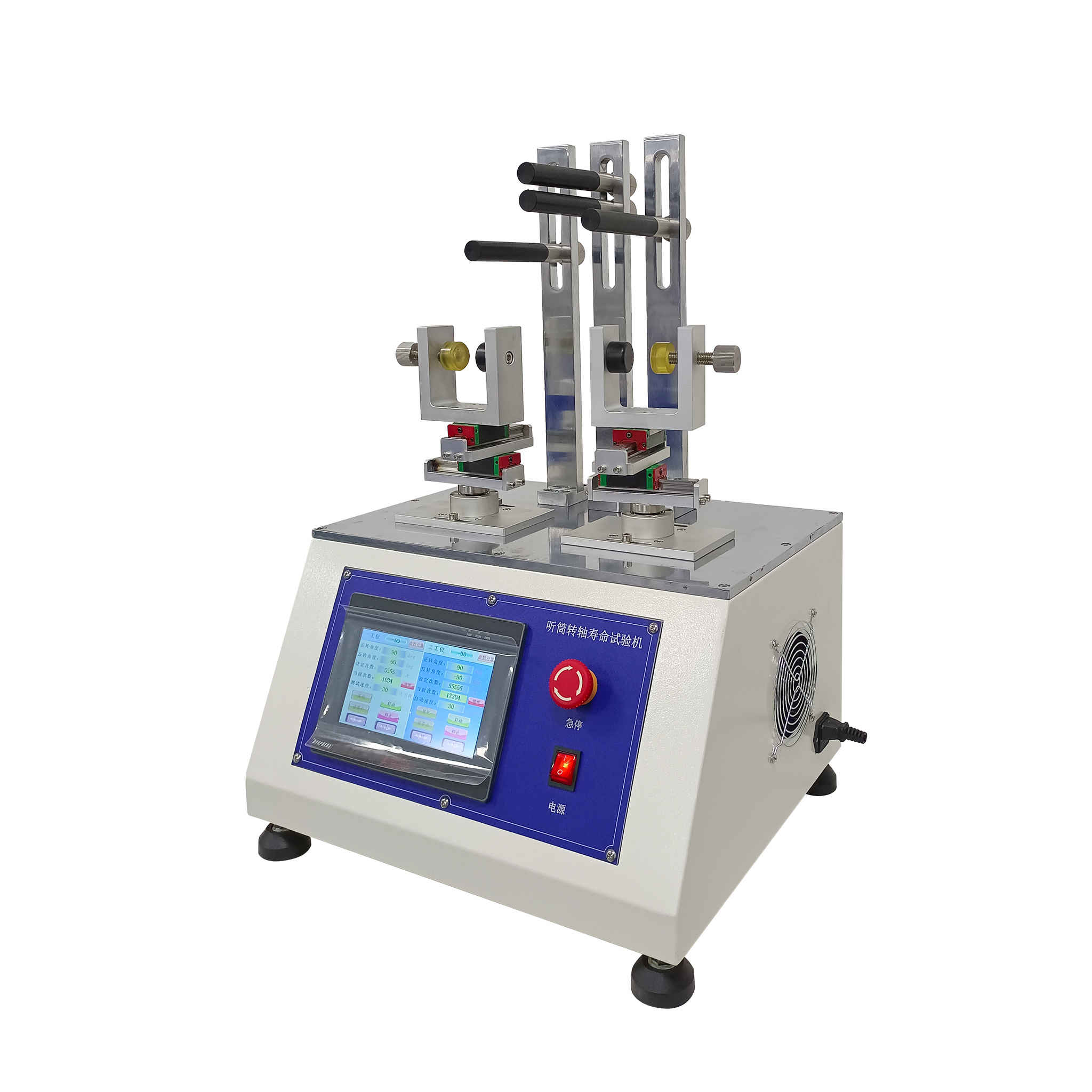 Close-up view of headphone torsion testing machine components