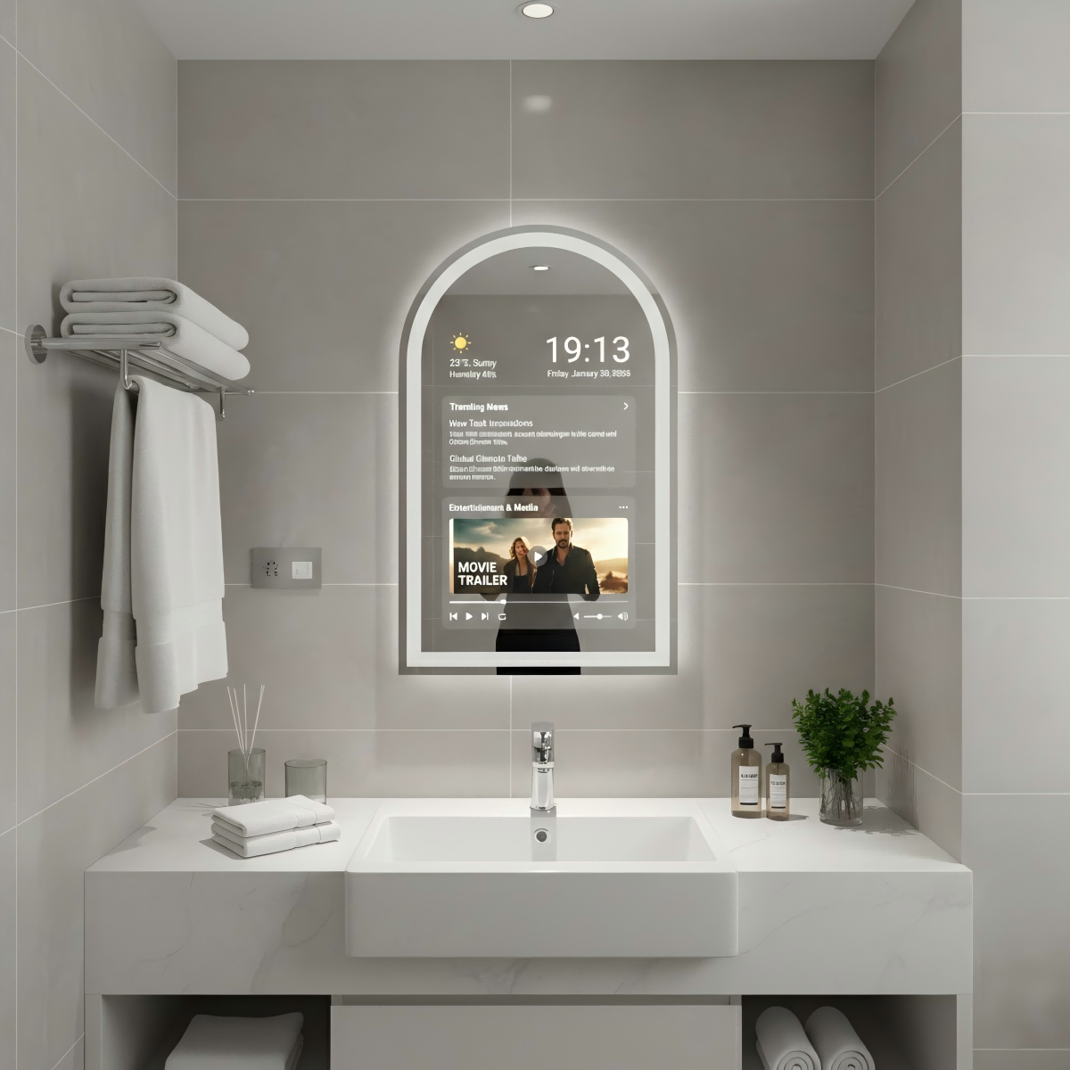 Kingstin Smart Arch: AI-Integrated Frameless Smart Mirror with Interactive Display | Wall Mounted LED Mirror