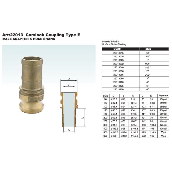 Cam groove coupling Type E adapter with hose tail in Forging brass