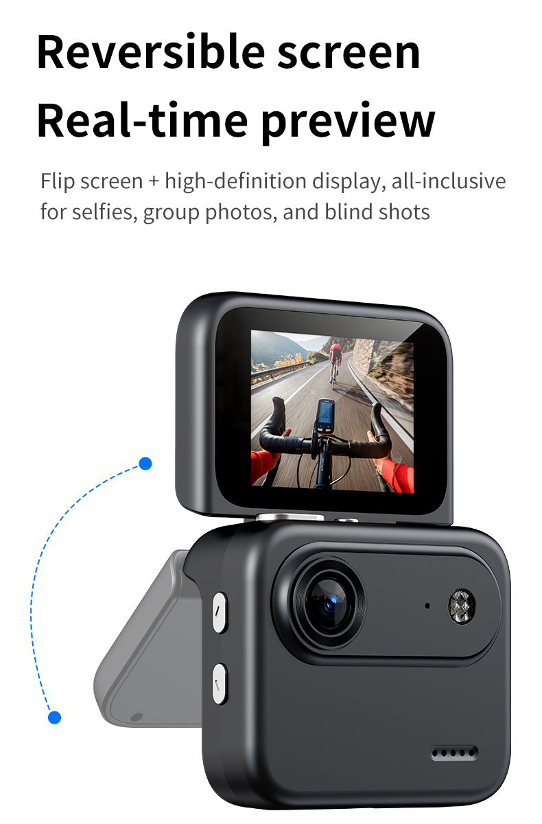 720P Mini Action Camera Reversible Flip Screen 143 Wide Angle Stabilization 30m Waterproof MicroSD Vlogging Cycling Hiking