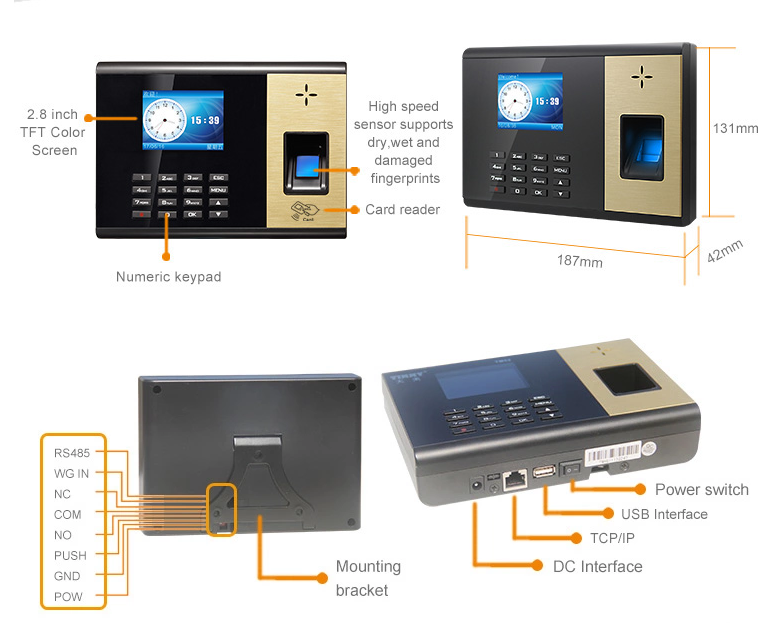 SIM Card GPRS 2.8 inch Thumbprint Time Attendance System