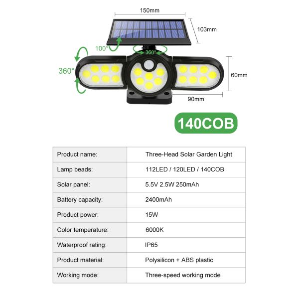 2400mAh 120LED USB Rechargeable Motion Sensor Light Three Head 140COB