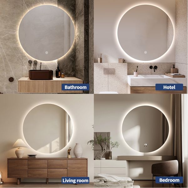 Luxury Backlit Circular LED Mirror Decorative Frameless Smart Vanity Mirror With Defogger 3 Color Dimming