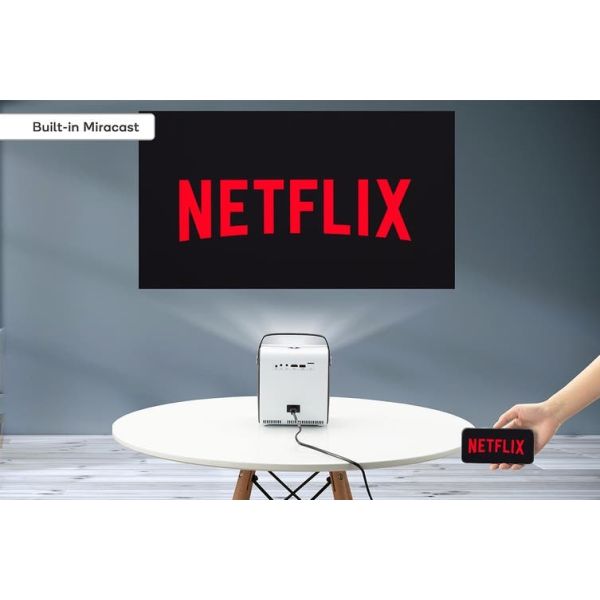 Q3 Mini Projector showing eye-safe and low-noise features