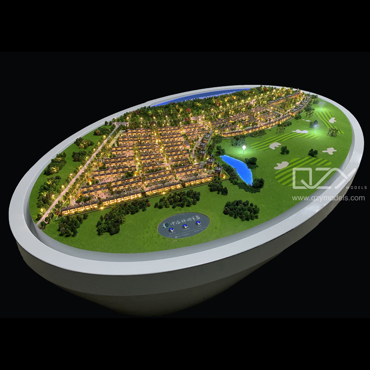 1:450 Scale Miniature Architectural Model with Elliptical Base and Dynamic Lighting Control for Villa Community Display