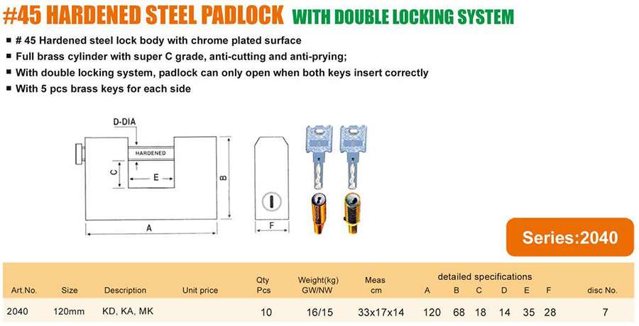 #45 Hardened Steel Padlock with Double Locking System - Industrial security lock