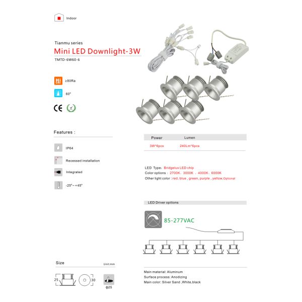 Mini 3W LED Light Downlight+Power Supply Kit Recessed LED Ceilling Spotlight