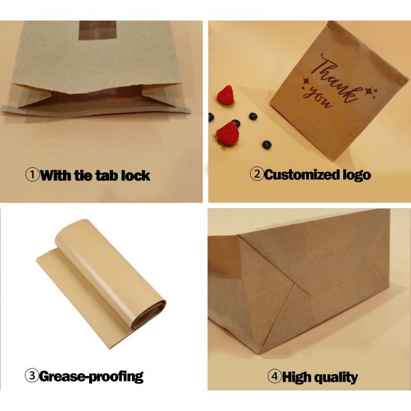 Customized Window SOS Kraft Paper Bag With Tin Tie Clear Window Use For Baked Food Tough And Good Tear Resistance Loading Heavier Items Bakery Bag