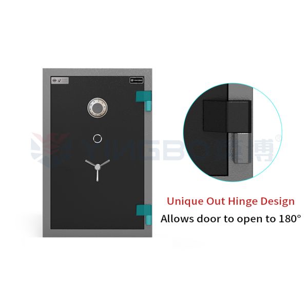 Out hinge design showing 180-degree door opening capability