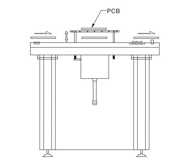 NG PCB Reject Conveyor technical diagram showing machine dimensions and components