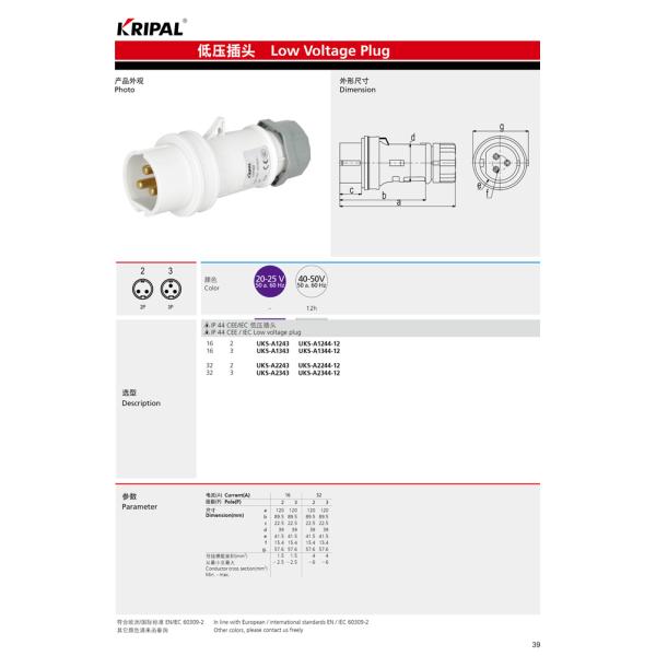 Single Phase IP44 3 Pole 50V IEC309 Low Voltage Plugs