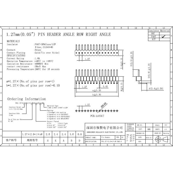 Right Angle UL94V-0 1.27mm Single Row Header Connector PA6T
