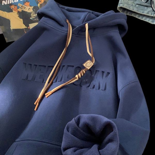 Support Customization Winter Embroidered Alphanumeric Knitted Polyester/Cotton Hoodies Thick Raised Prints Oversized Fit