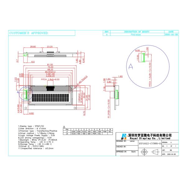 1602dots STN Positive Transflective PCF2119RU Graphic LCD Module