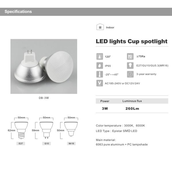 3W LED light Cup Spotlight E27/GU10/GU5.3/MR16 Base type Epistar LED light