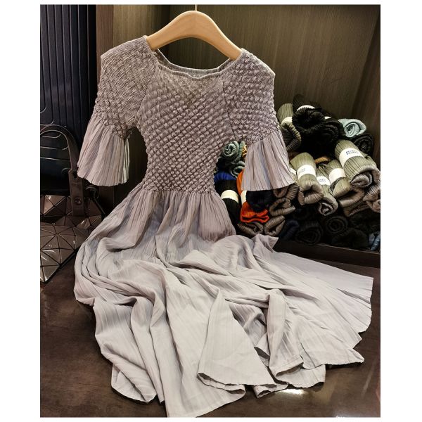 High-End Mid-Length Dress Versatile Temperament with Slimming Effect Solid Color Woven Plain Dyed