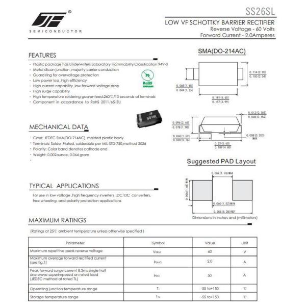 Small Size SS26SL Silicon Schottky Rectifier Diode with Low VF and SMD Package