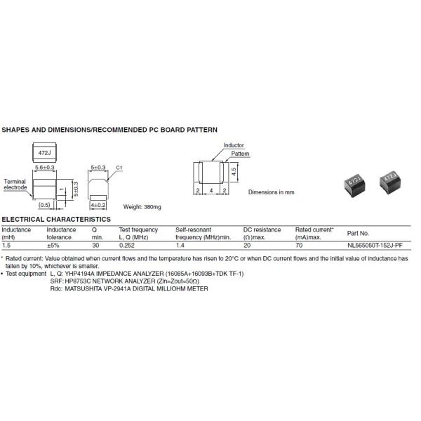 1.5mH 5650 Wire Wound Inductor High Reliability SMT Ferrite For Computer Products