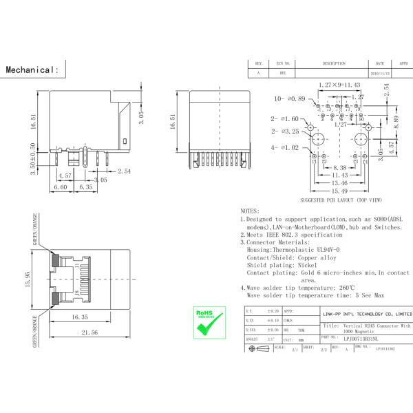 Embedded 203346 Vertical RJ45 Jack Female LPJD0713B31NL for LAN interface
