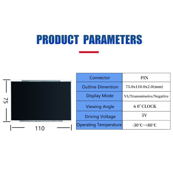 VA Negative Transmissive Segment LCD Ultra-Wide Temp -30°C~80°C PIN Connection 12 White LED Backlight