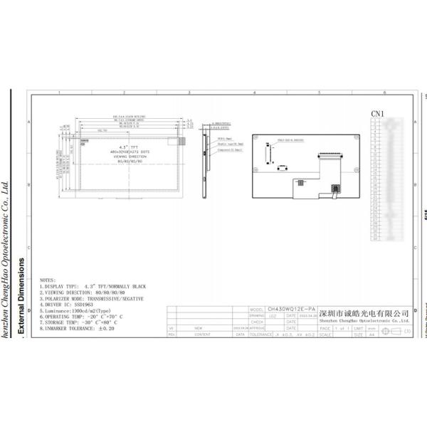 4.3 Inch Full HD IPS Display 8 Bit MPU Interface With SSD1963