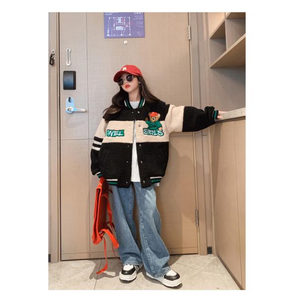 Thickened Bear Embroidered Baseball Lambswool Jacket