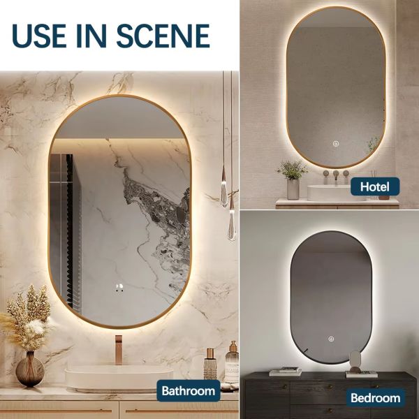 Luxury Wall Mounted LED Mirror IP66 Arched Touch Screen Bathroom Mirror