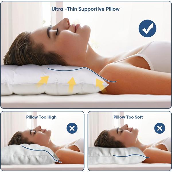 Comfortable and Supportive Slim Bed Pillows for Stomach Sleeper Memory Foam Filling