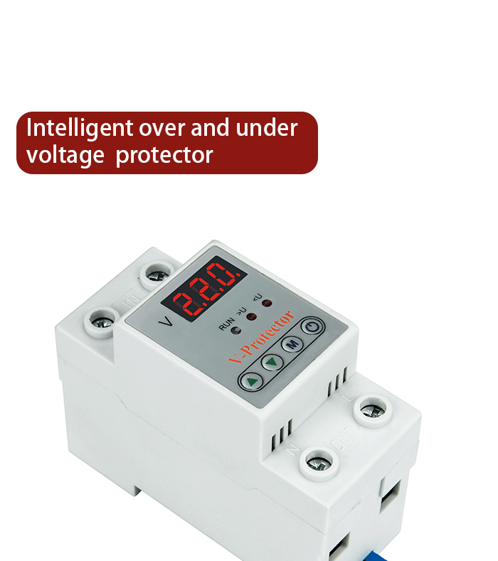 Adjustable 220V AC Single Phase 63A Voltage Protector LED Display Copper PC Material Din Rail Type 1s-90s Time Delay Recovery