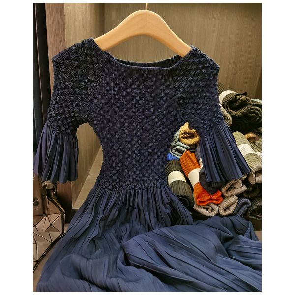 High-End Mid-Length Dress Versatile Temperament with Slimming Effect Solid Color Woven Plain Dyed