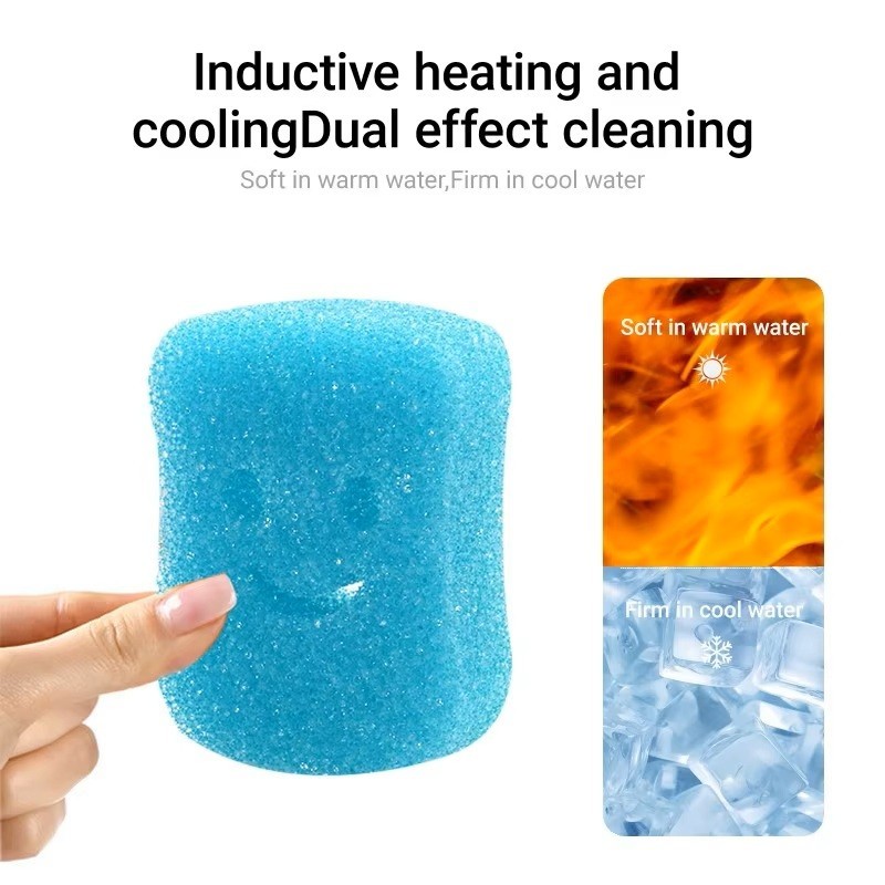 Temperature controlled scrub sponge showing color options and ergonomic design