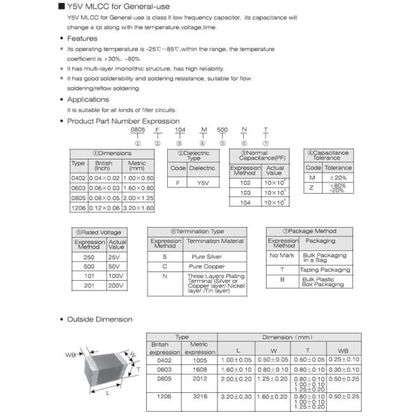 Ceramic Chip Capacitors , Y5V Z5U MLCC Capacitor Low Frequency
