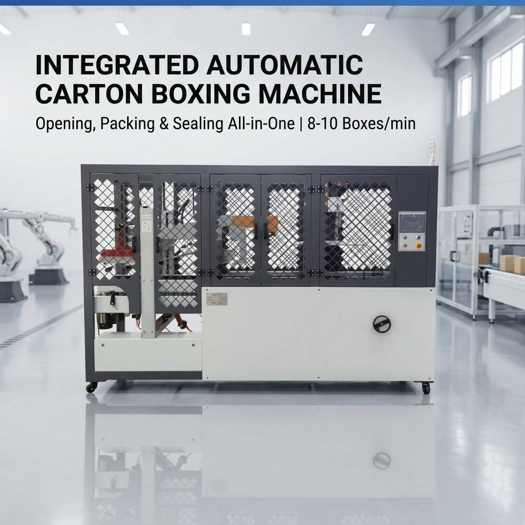 Carton boxing machine overview showing complete automated system