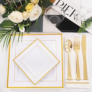 Gold Plastic Plates - Disposable Square Gold Plates Include Dinner Plates Dessert Plates Cups Plastic Cutlery