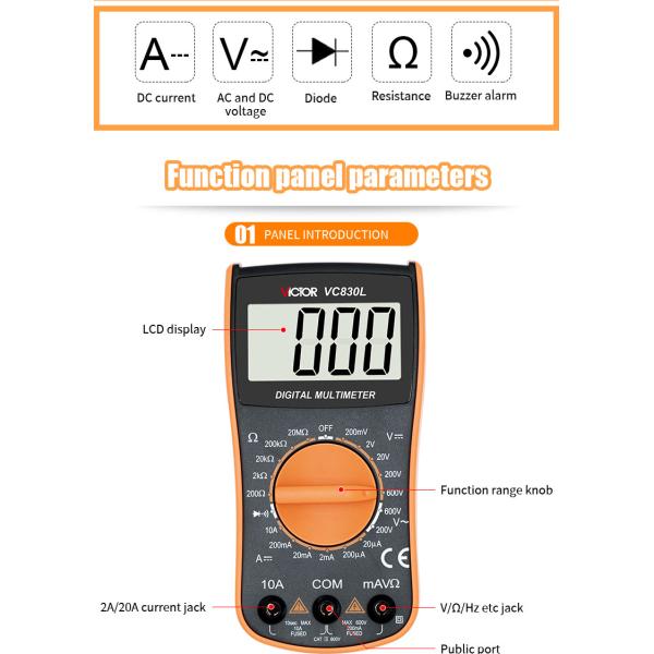 VC830L Manual Range VICTOR Digital Multimeter 1999 Counts Large Lcd Display small size pocket multimeter