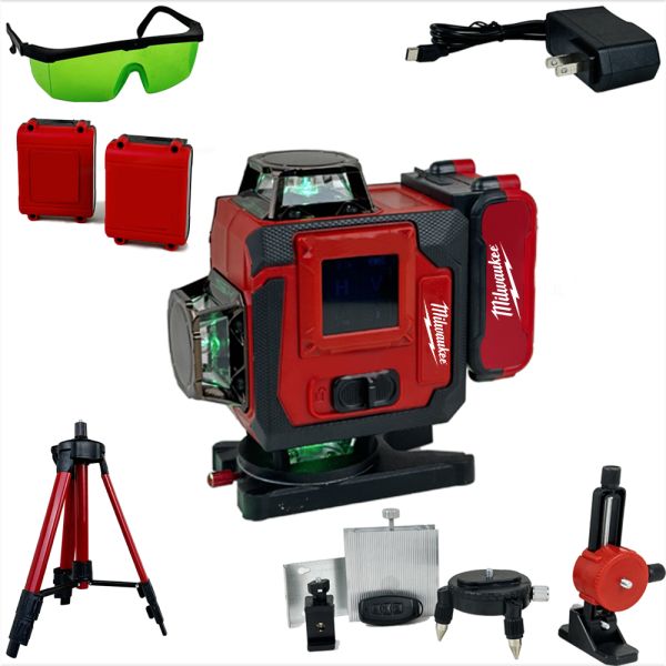 Milwaukee laser level professional tool showing cross-line projection and construction applications