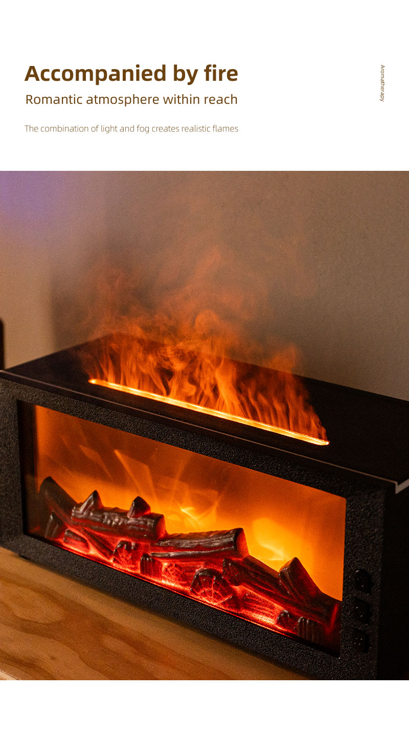 3D Realistic Flame Fireplace Diffuser Humidifier 300ml Large Tank Type-C Charging Quiet Operation
