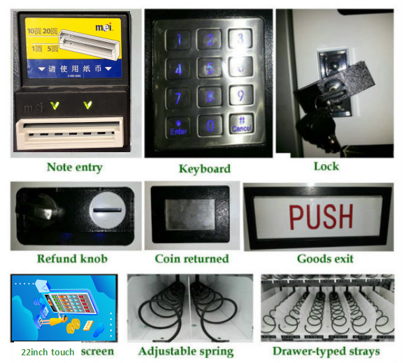 Snack Foods Cashless Vending Machine With Touchscreen, Spiral, Conveyor, Pushrod Delivery System, Micron