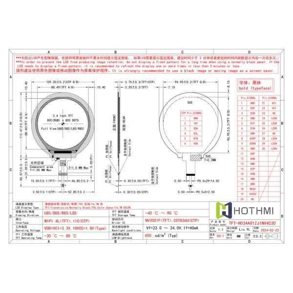 3.4 inch Round TFT LCD Display With Capacitive Touchscreen MIPI DSI