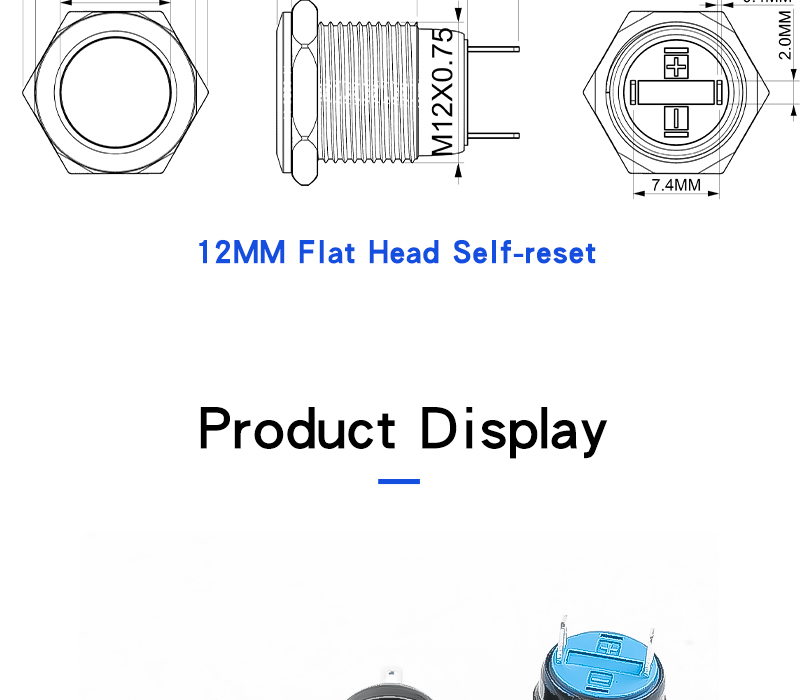 12MM Metal Push Button Switch No Light High Head Flat Head Self Resetting Welding Foot 2 Pin Normally Open Small Doorbell