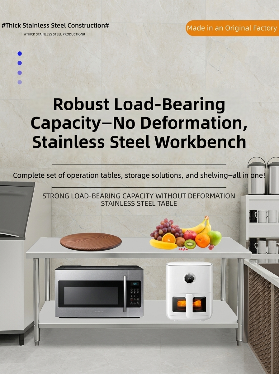 Adjustable Height 304 Stainless Steel Worktable with Double-layer Design for Commercial Kitchens