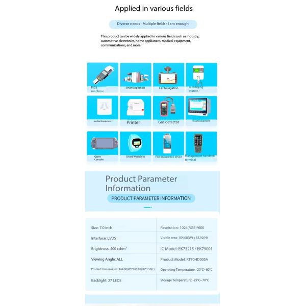 7.0 inch TFT LCD Module with 1024RGBx600 Resolution and LVDS Interface IPS Screen