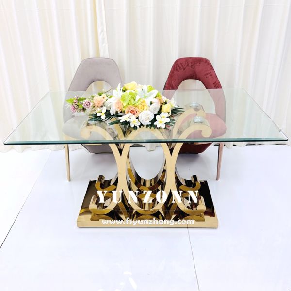 Modern Luxury Gold Legs Rectangular Dining Decor Glass Tables Set Stainless Steel Tables for Events Wedding Banquet Decorations