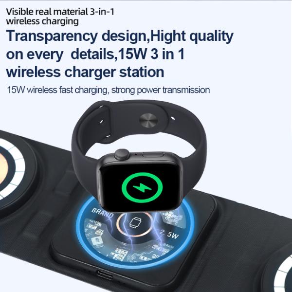 3 In 1 Magnetic Foldable Wireless Charger Embossing Logo With Leather Base