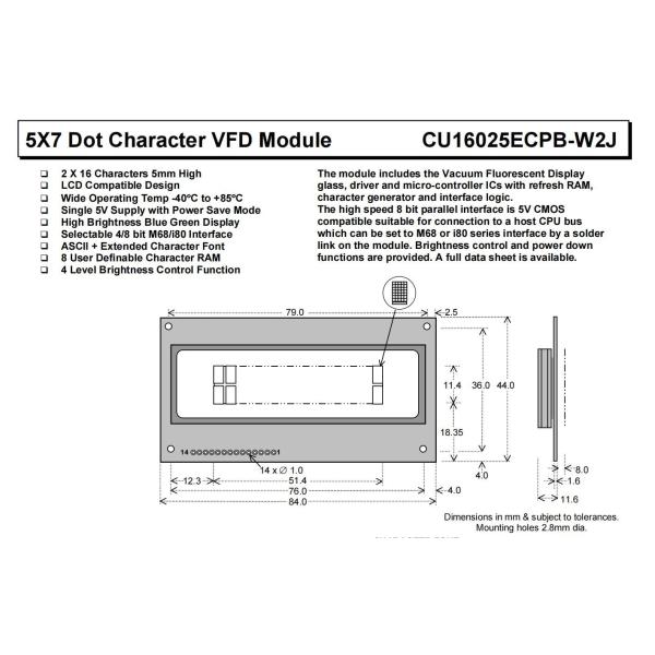 VFD Module 5*7 DOT 2*16 Character Cu16025ecpb-W2j Blue Green 8-Bit Parallel Interface